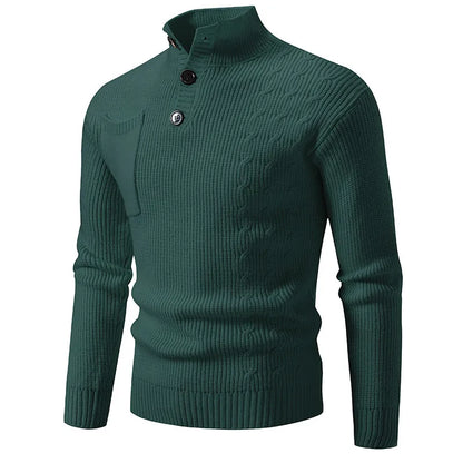 Men's Ribbed Knit Jumper with High Neck Button Placket