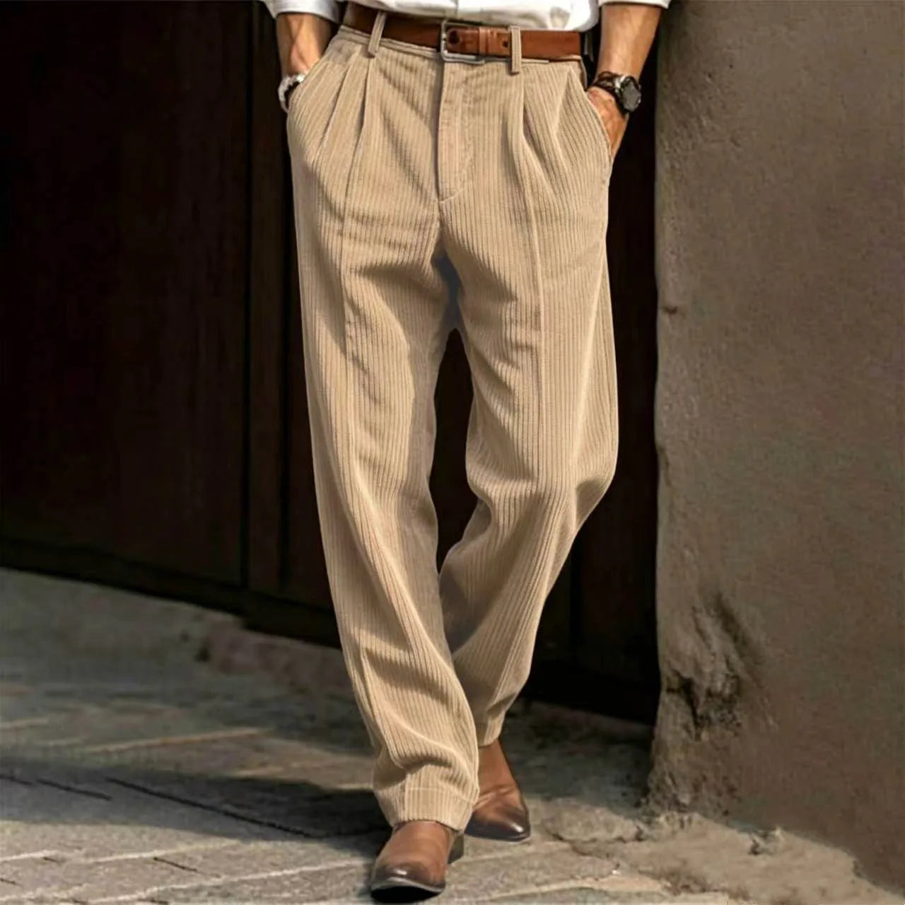 Men's Pleated Trousers – Relaxed Fit Tapered Leg Corduroy Style