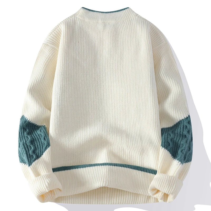 Men's Knitted Crew Neck Jumper with Geometric Colourblock Pattern