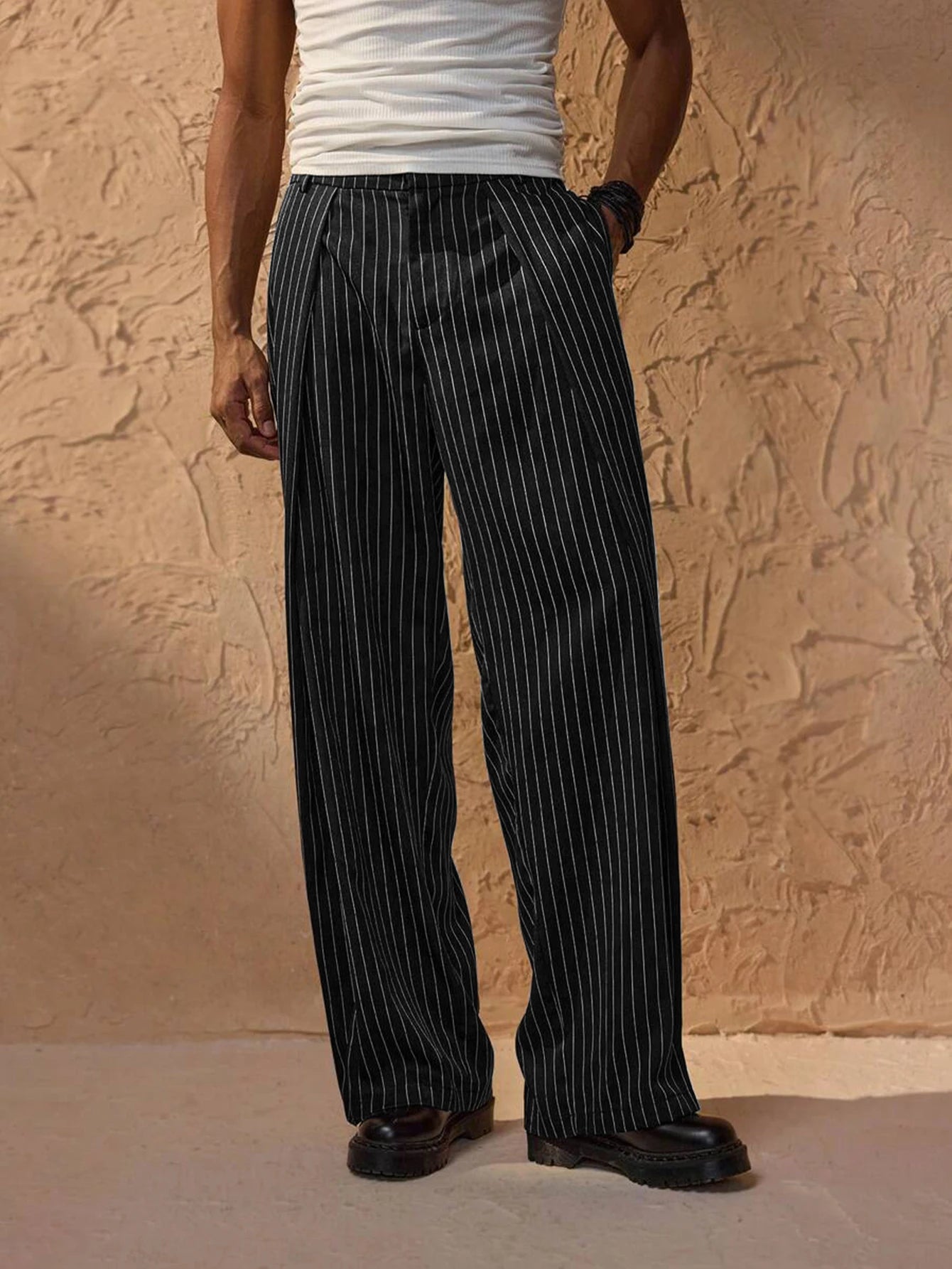 Men's Striped Trousers Relaxed Fit Elasticated Waist Straight Leg
