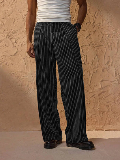 Men's Striped Trousers Relaxed Fit Elasticated Waist Straight Leg