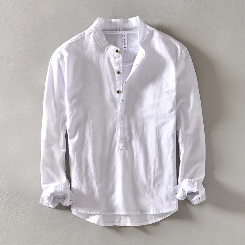 Men's Long Sleeve Grandad Collar Shirt with Half Placket