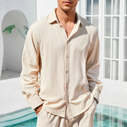 Men's Long Sleeve Linen Look Shirt with Open Collar