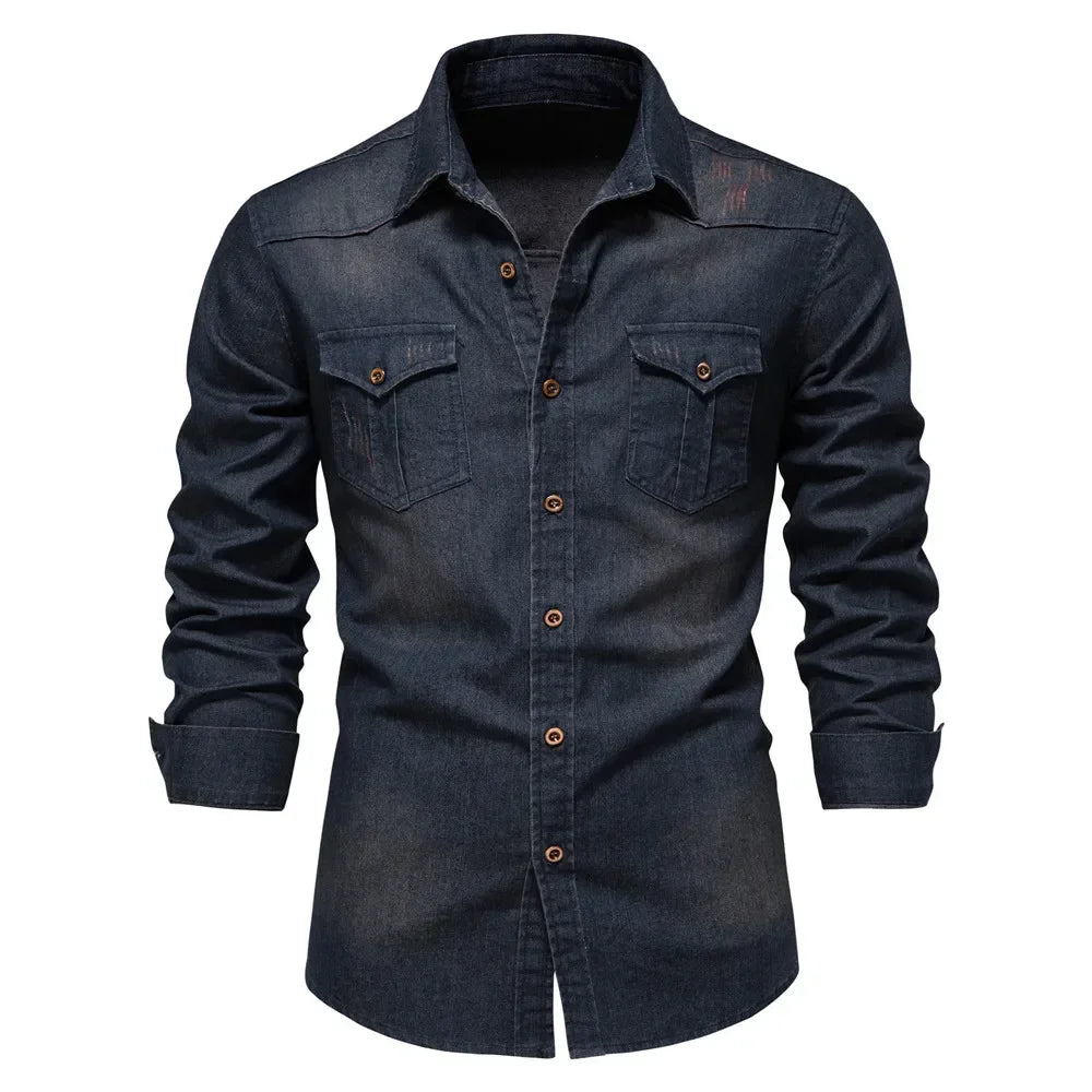 Men's Denim Shirt with Double Chest Pockets and Long Sleeves