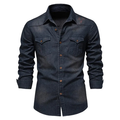 Men's Denim Shirt with Double Chest Pockets and Long Sleeves