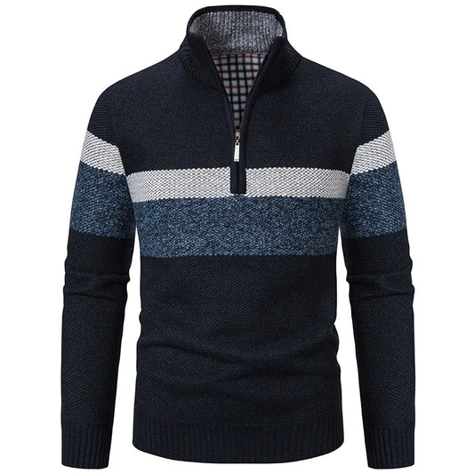 Men's Knitted Half Zip Jumper – Long Sleeve High Neck Striped Pullover Sweater