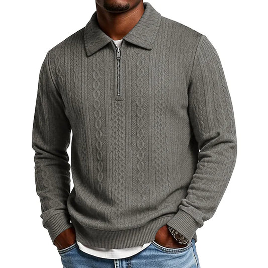 Men's Cable Knit Quarter Zip Jumper – Long Sleeve Collared Pullover Sweater