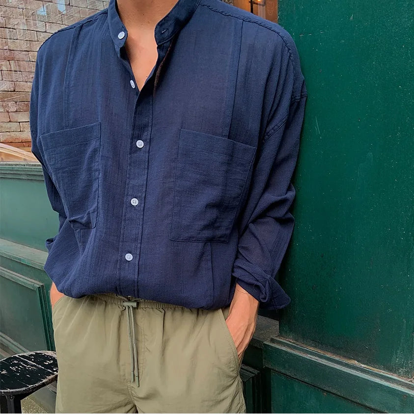 Men's Long Sleeve Grandad Collar Shirt with Chest Pockets