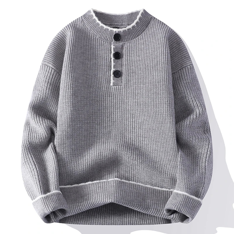 Men's Ribbed Knit Jumper with Button Placket and Contrast Trim