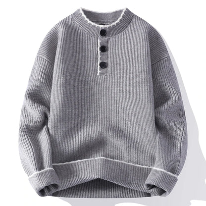 Men's Ribbed Knit Jumper with Button Placket and Contrast Trim