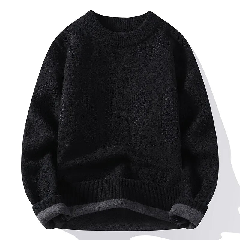 Men's Openwork Knit Jumper with Crew Neck Pattern Details