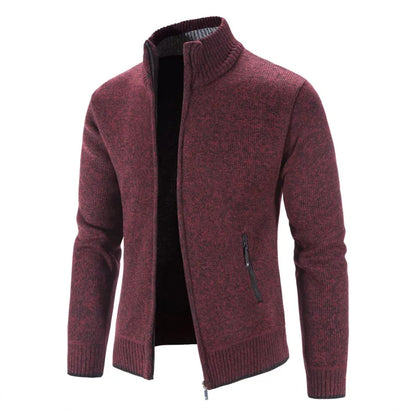 Men's Knitted Zip Cardigan with High Neck and Pockets
