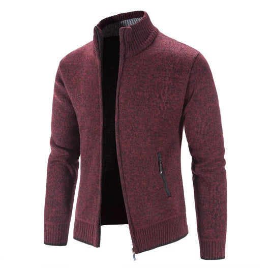 Men's Knitted Zip Cardigan with High Neck and Pockets