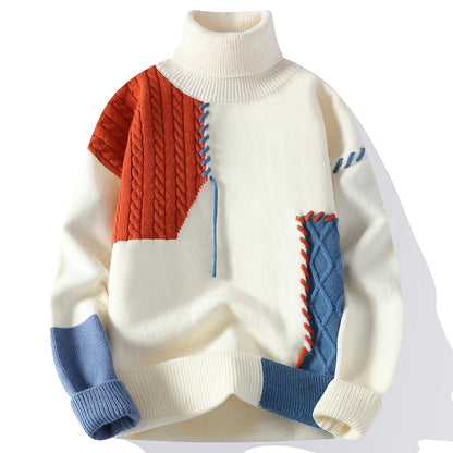Men's Patchwork Knit Jumper with Roll Neck and Textured Panels