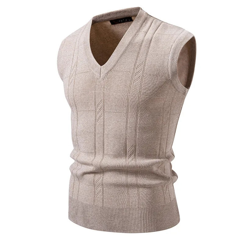 Men's Knitted V Neck Tank Top Vest with Textured Pattern
