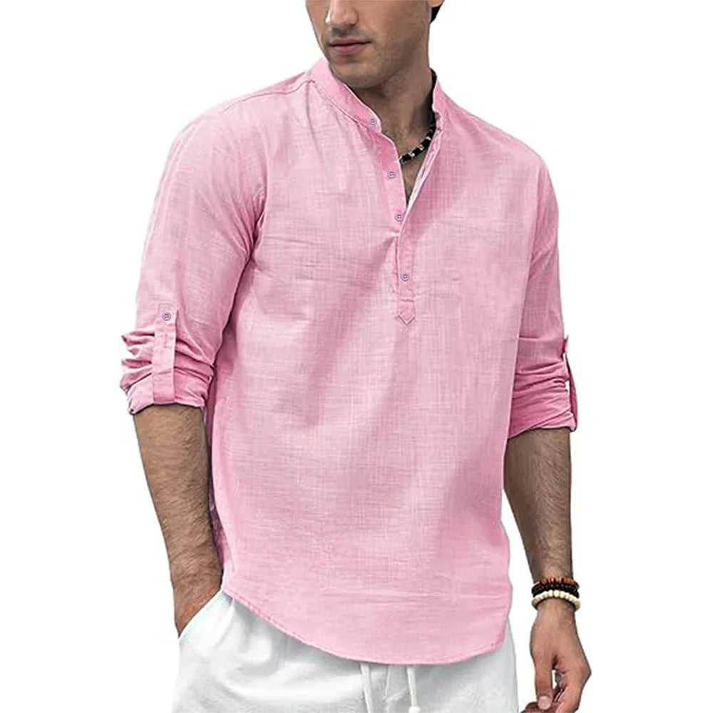 Men's Grandad Collar Long Sleeve Shirt with Button Placket