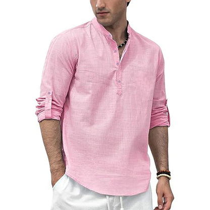 Men's Grandad Collar Long Sleeve Shirt with Button Placket