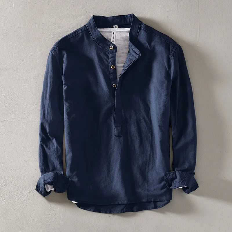 Men's Long Sleeve Grandad Collar Shirt with Half Placket