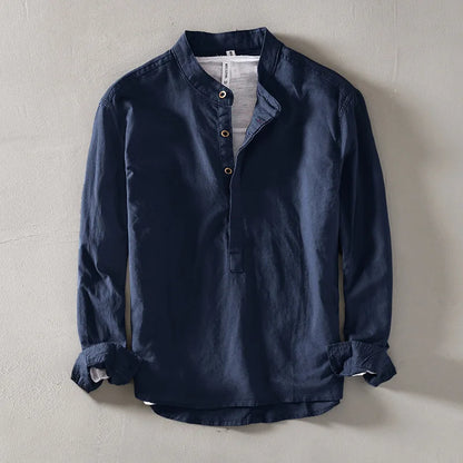 Men's Long Sleeve Grandad Collar Shirt with Half Placket