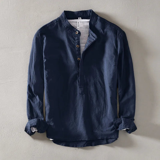 Men's Long Sleeve Grandad Collar Shirt with Half Placket