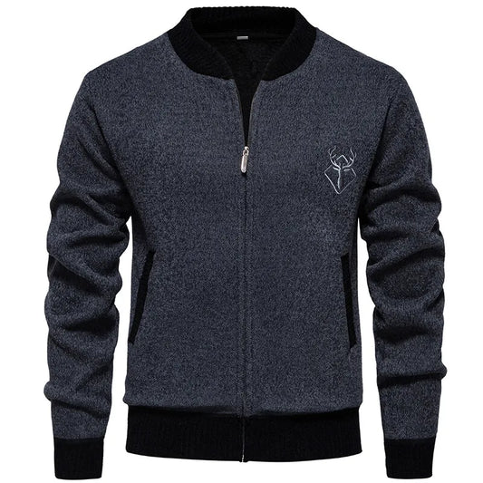 Men's Knitted Bomber Jacket – Full Zip Long Sleeve Ribbed Collar Cuffs Pockets