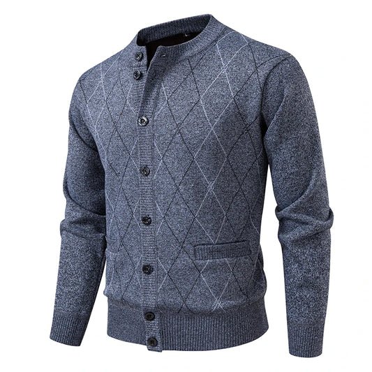 Men's Argyle Knit Cardigan with Button Front and Stand Collar