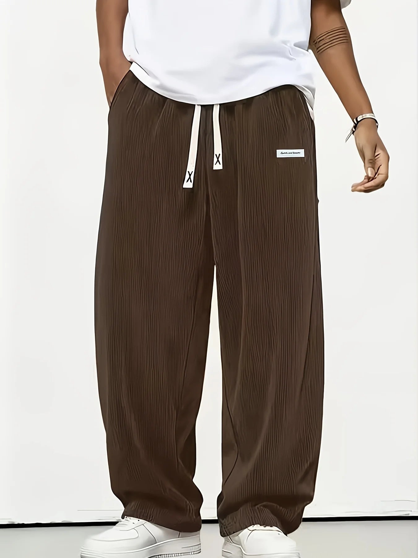 Men's Wide Leg Trousers Pleated Texture Drawstring Waist