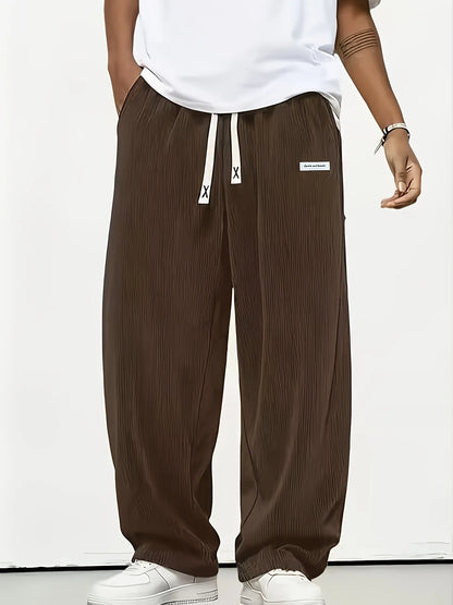 Men's Wide Leg Trousers Pleated Texture Drawstring Waist