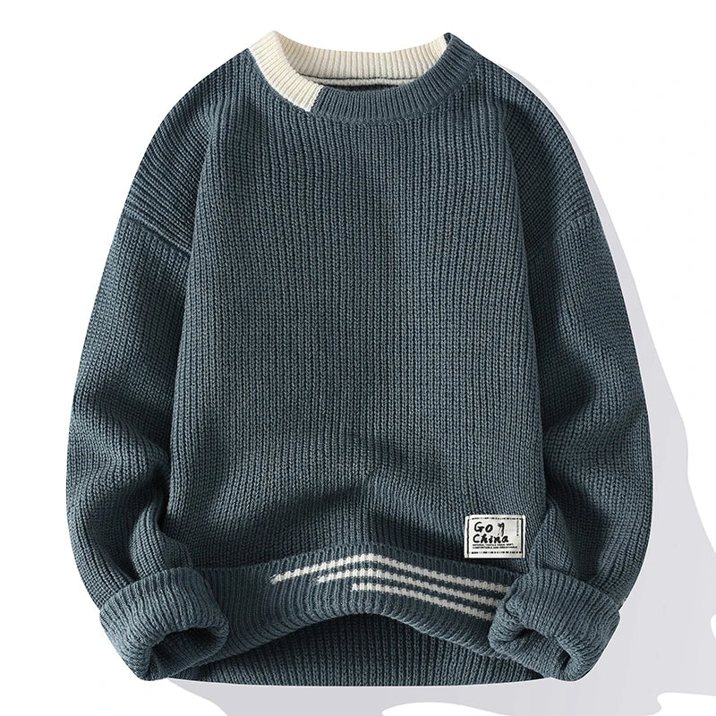 Men's Knitted Crew Neck Jumper with Ribbed Trim Detail