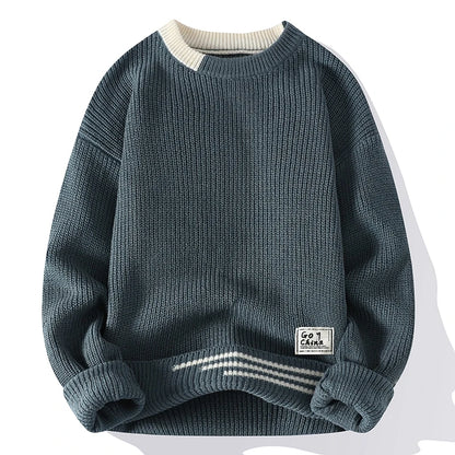 Men's Knitted Crew Neck Jumper with Ribbed Trim Detail