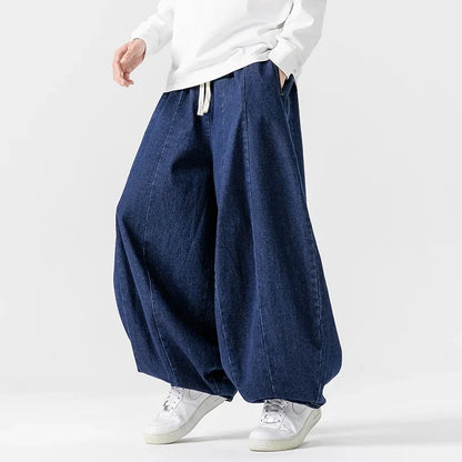 Men's Loose Fit Denim Harem Trousers with Drawstring Waist