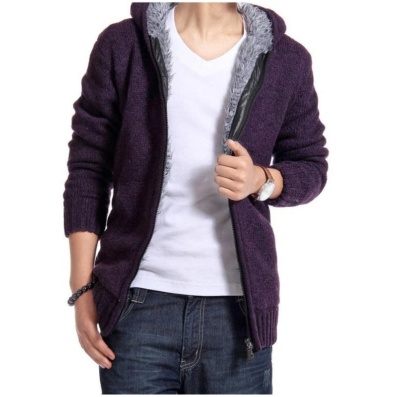 Men's Knitted Hooded Cardigan with Full Zip and Pockets