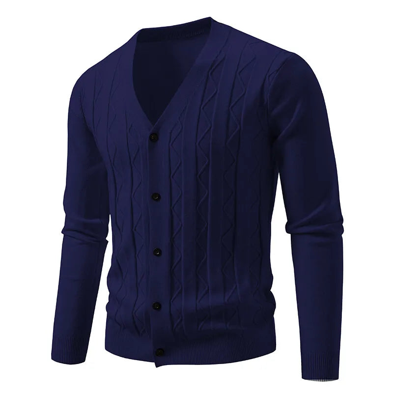 Men's Knitted V Neck Cardigan with Diamond Pattern Detail