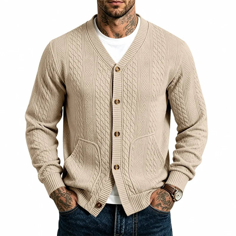 Men's Cable Knit Cardigan with V-Neck and Button Front