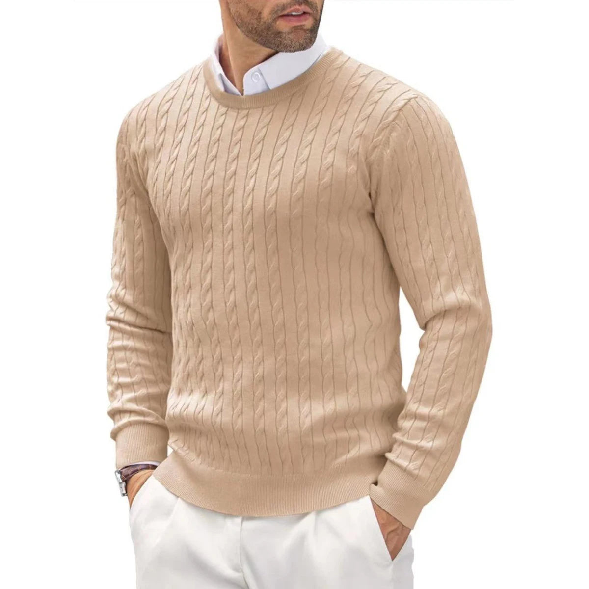 Men's Cable Knit Jumper with Crew Neck and Long Sleeves