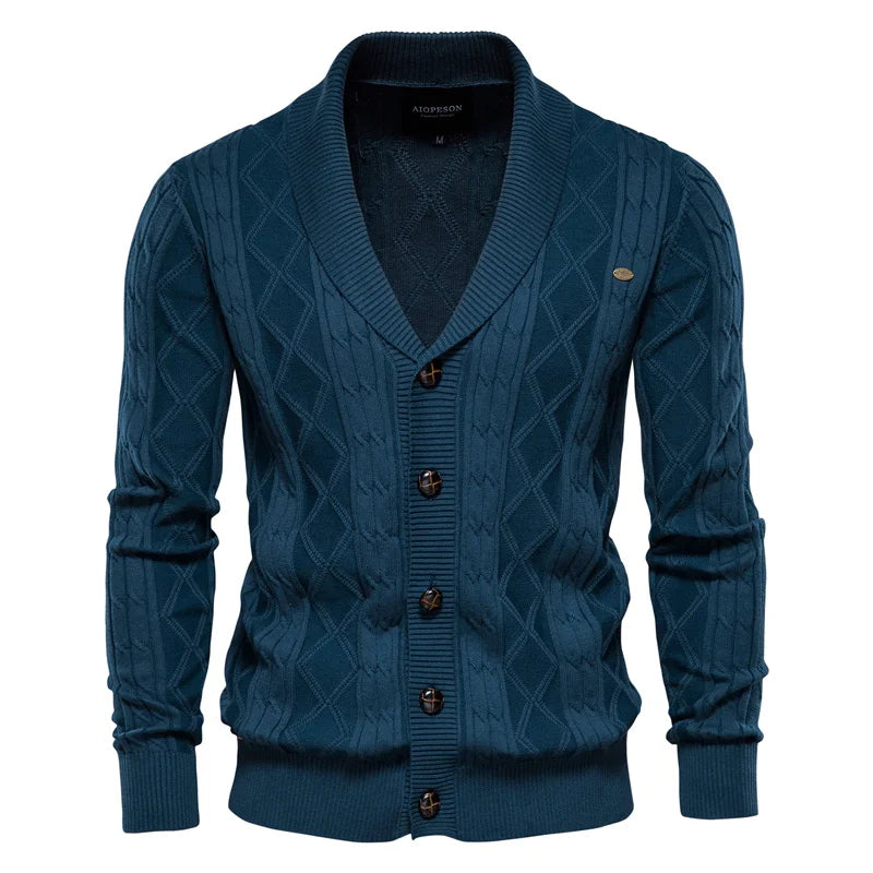 Men's Cable Knit Cardigan with Shawl Collar and Button Front