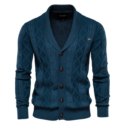 Men's Cable Knit Cardigan with Shawl Collar and Button Front