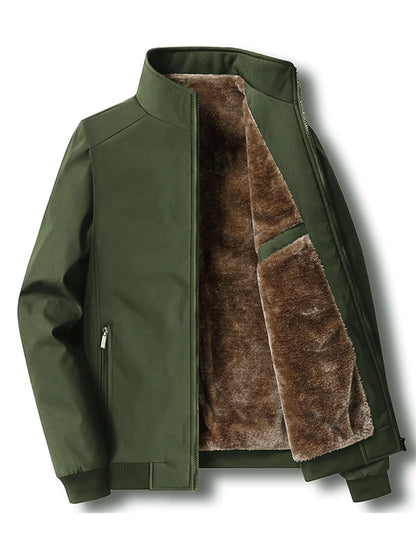Men's Shearling Lined Jacket – Full Zip Front Stand Collar Ribbed Cuffs and Hem