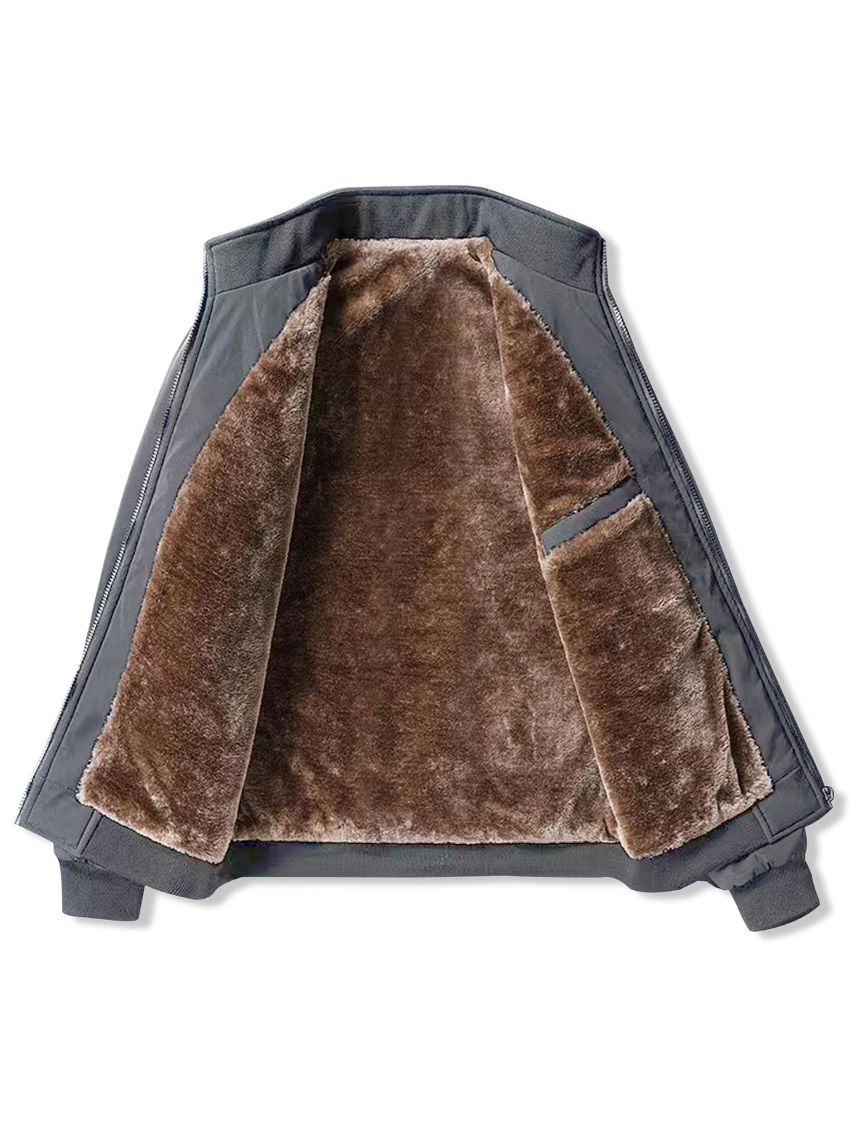 Men's Shearling Lined Jacket – Full Zip Front Stand Collar Ribbed Cuffs and Hem