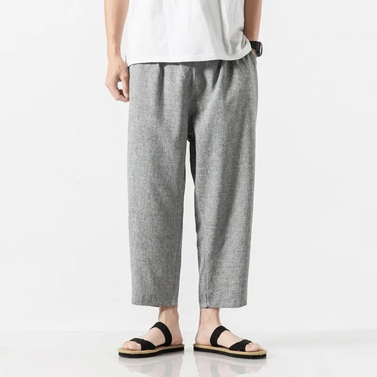 Men's Loose Fit Cropped Trousers with Drawstring Waist