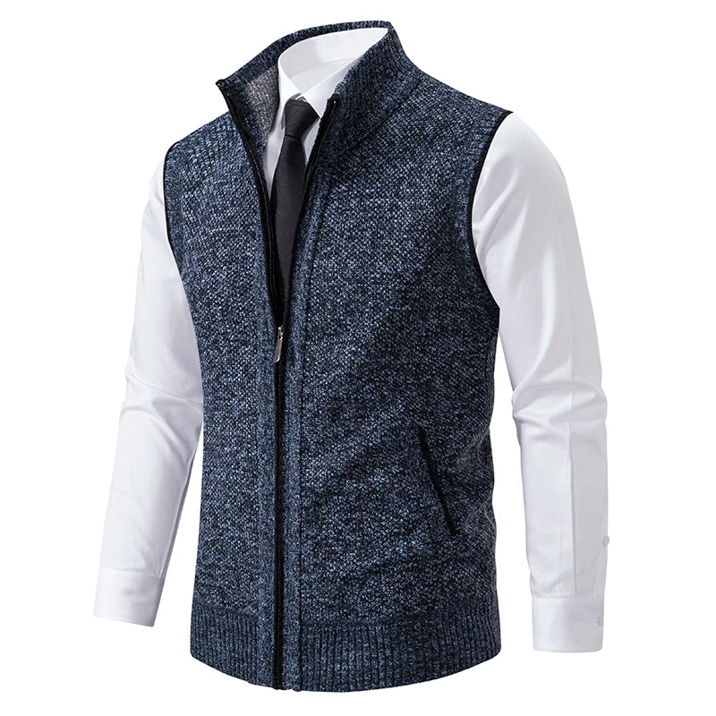 Men's Knitted Gilet with Full Zip and Stand Collar