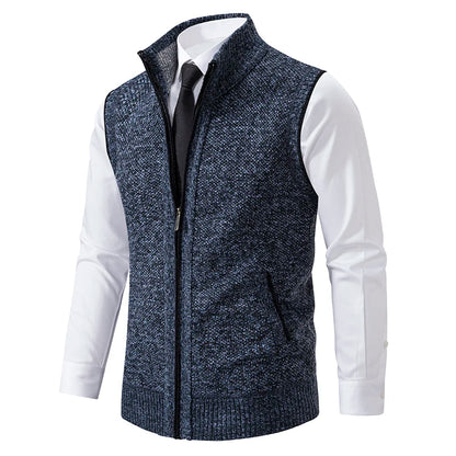 Men's Knitted Gilet with Full Zip and Stand Collar