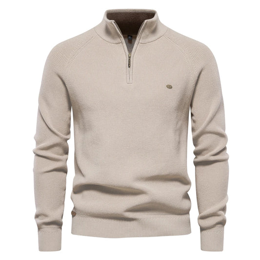Men's Knitted Quarter Zip Jumper – Long Sleeve Ribbed Sweater with High Collar