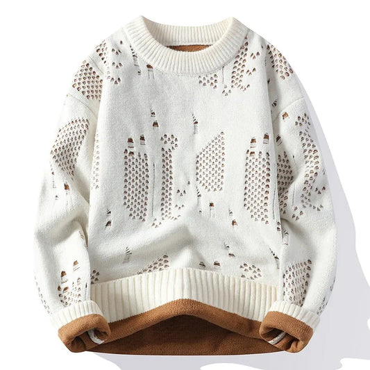 Men's Openwork Knit Jumper with Crew Neck Pattern Details