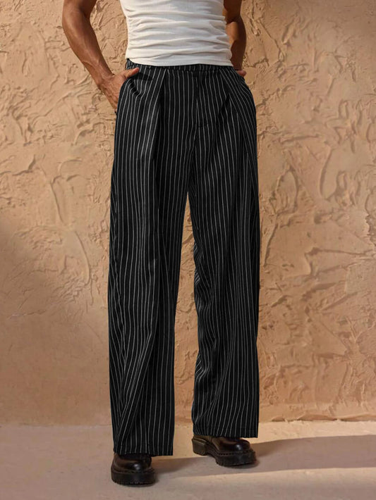 Men's Striped Trousers Relaxed Fit Elasticated Waist Straight Leg