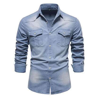 Men's Denim Shirt with Double Chest Pockets and Long Sleeves