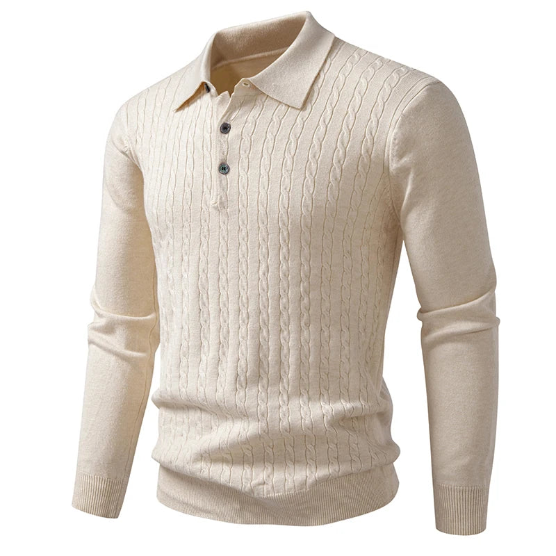 Men's Cable Knit Polo Jumper with Long Sleeves
