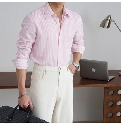 Men's Long Sleeve Striped Button Down Shirt with Collared Neck