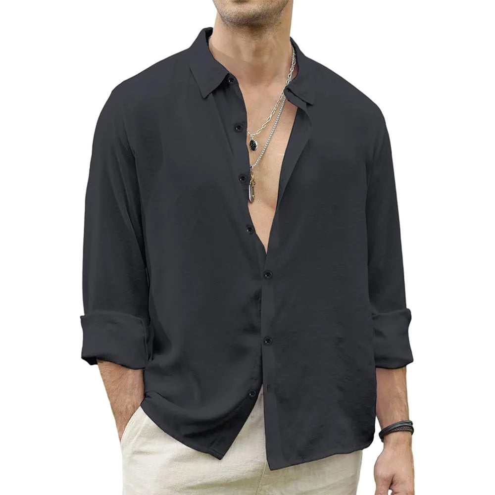 Men's Long Sleeve Casual Shirt with Open Collar