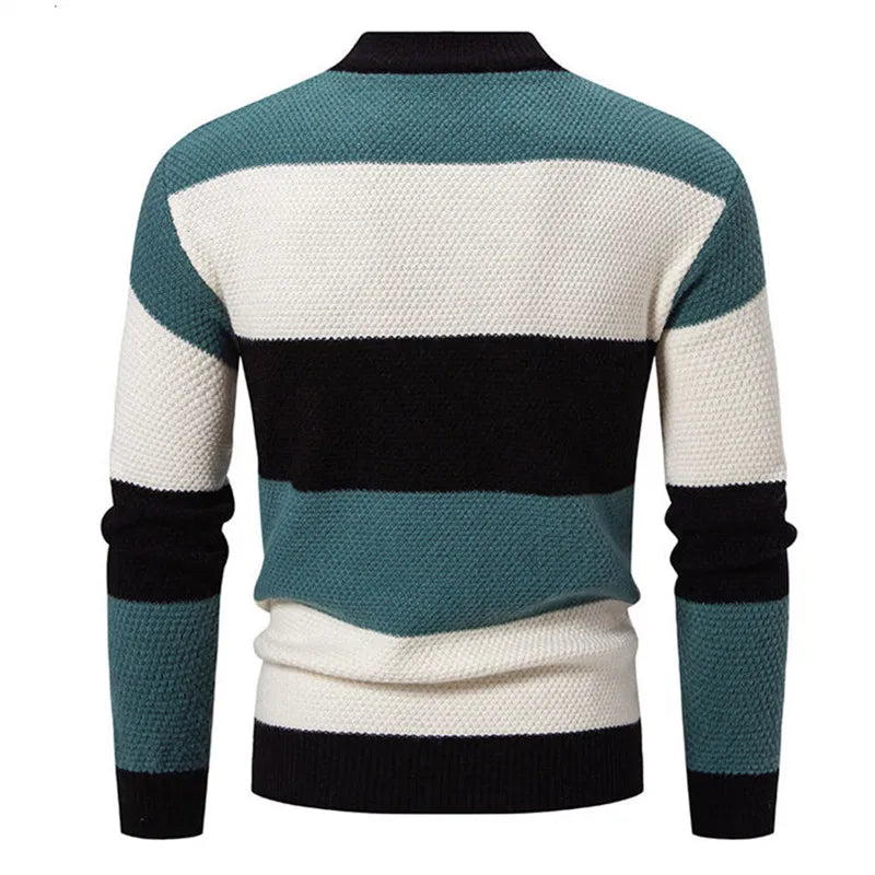 Men's Knitted Mock Neck Jumper with Colourblock Pattern